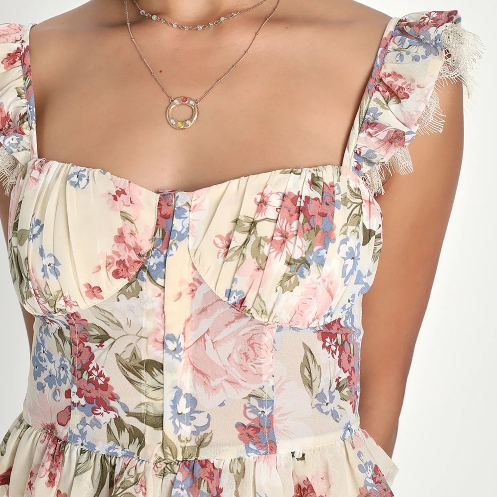 NWT Lulu's Floral Ruffle Dress in Pink and Blue